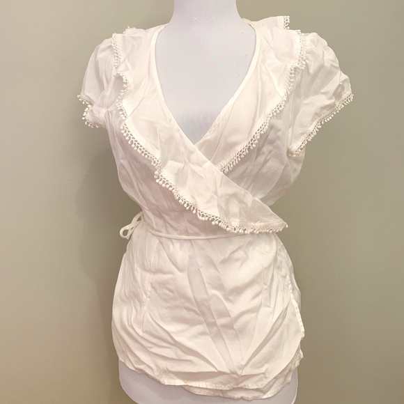 GAP Tops - GAP White Wrap Front Ruffle Collar Blouse